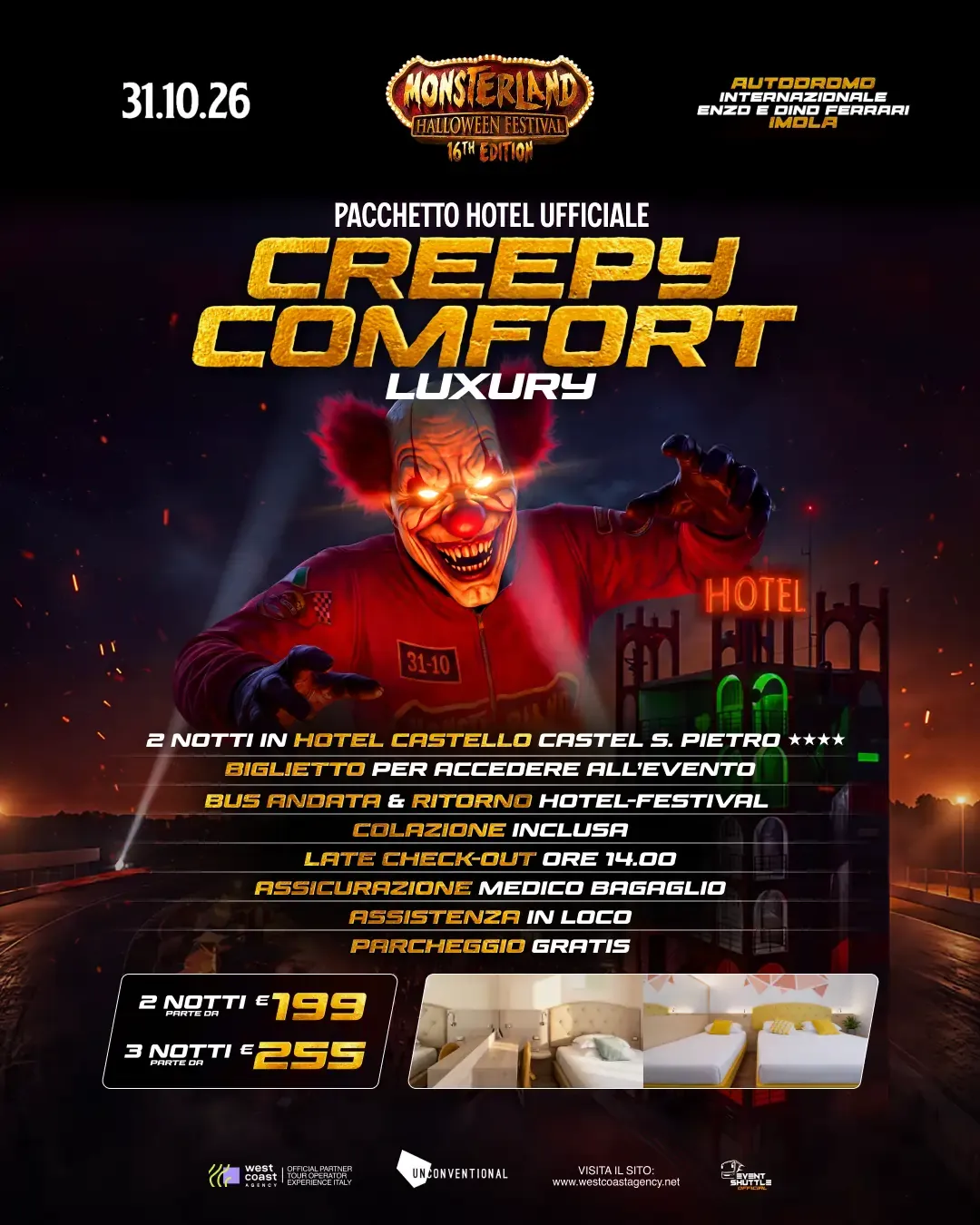 Monsterland Halloween Festival 31.10.2026  Pacchetti Hotel -Ticket -Biglietto -Navetta ( Hotel Castello )